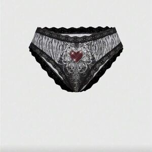 Goth Zebra Print Lace Trim, Rhinestone Heart Panties